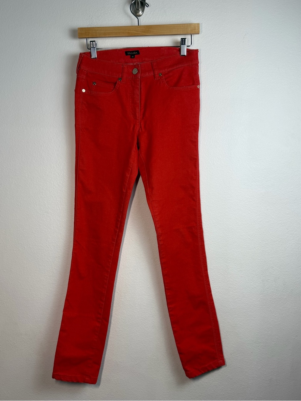 Quiet Luxury Cherry Red Designer Slim Jeans — Escada EU 34